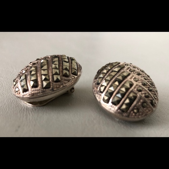 Vintage Marcasite 925 Clip Earrings - Picture 2 of 7